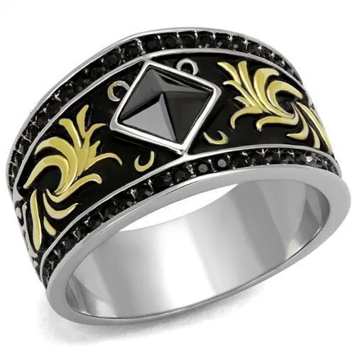 TK2232 - Two-Tone IP Gold (Ion Plating) Stainless Steel Ring with Synthetic Synthetic Glass in Jet - Grocery