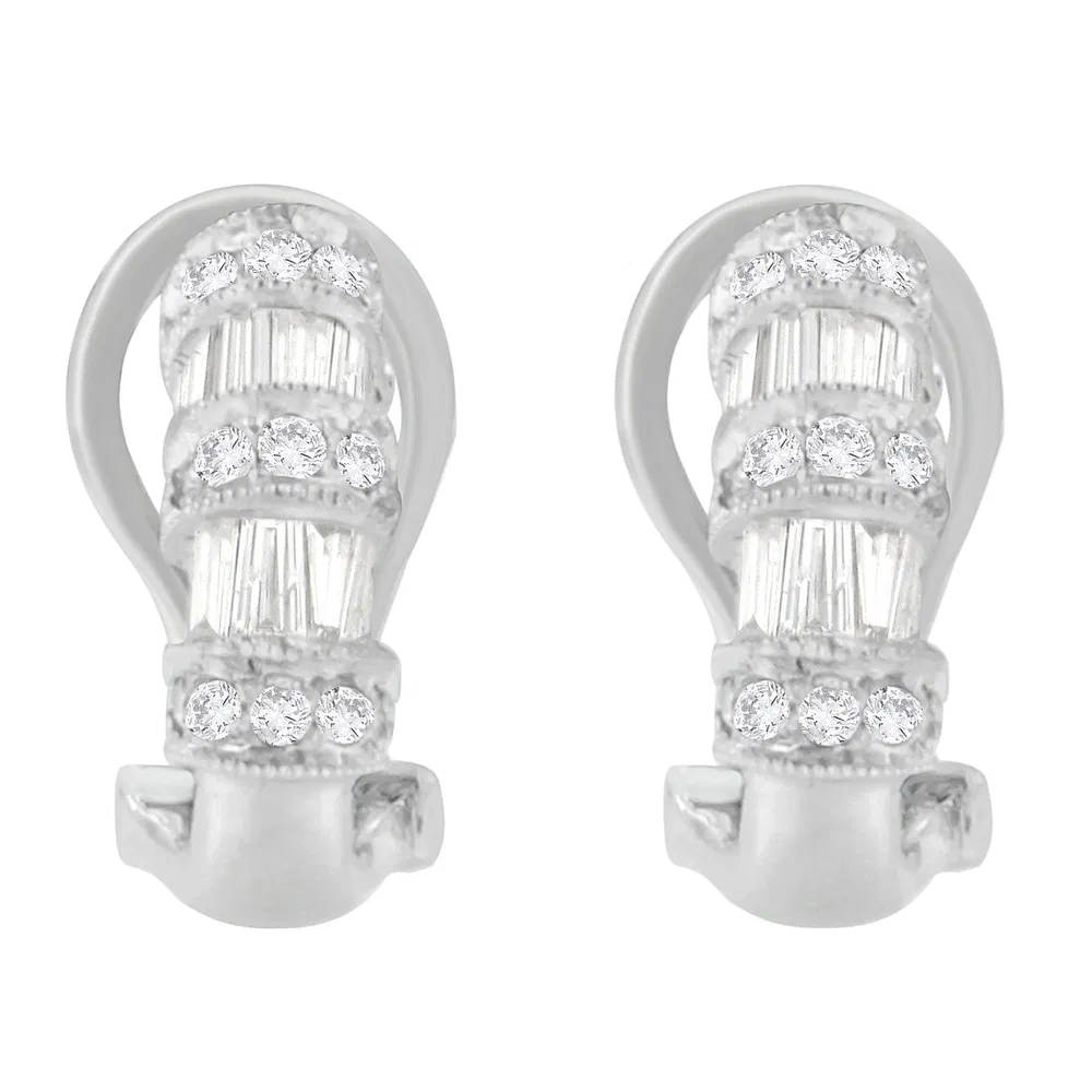 14K White Gold 1 cttw Round and Baguette Cut Diamond Earrings (H-I, SI2-I1) - Grocery
