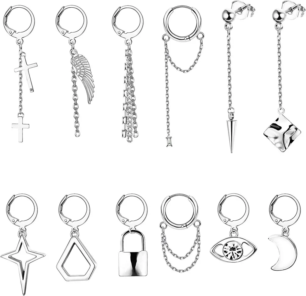 12 Pcs Chain Hoop Dangle Earrings Set for Women Men Stainless Hinged Statement Kpop Long Chain Pendant Earrings - Grocery