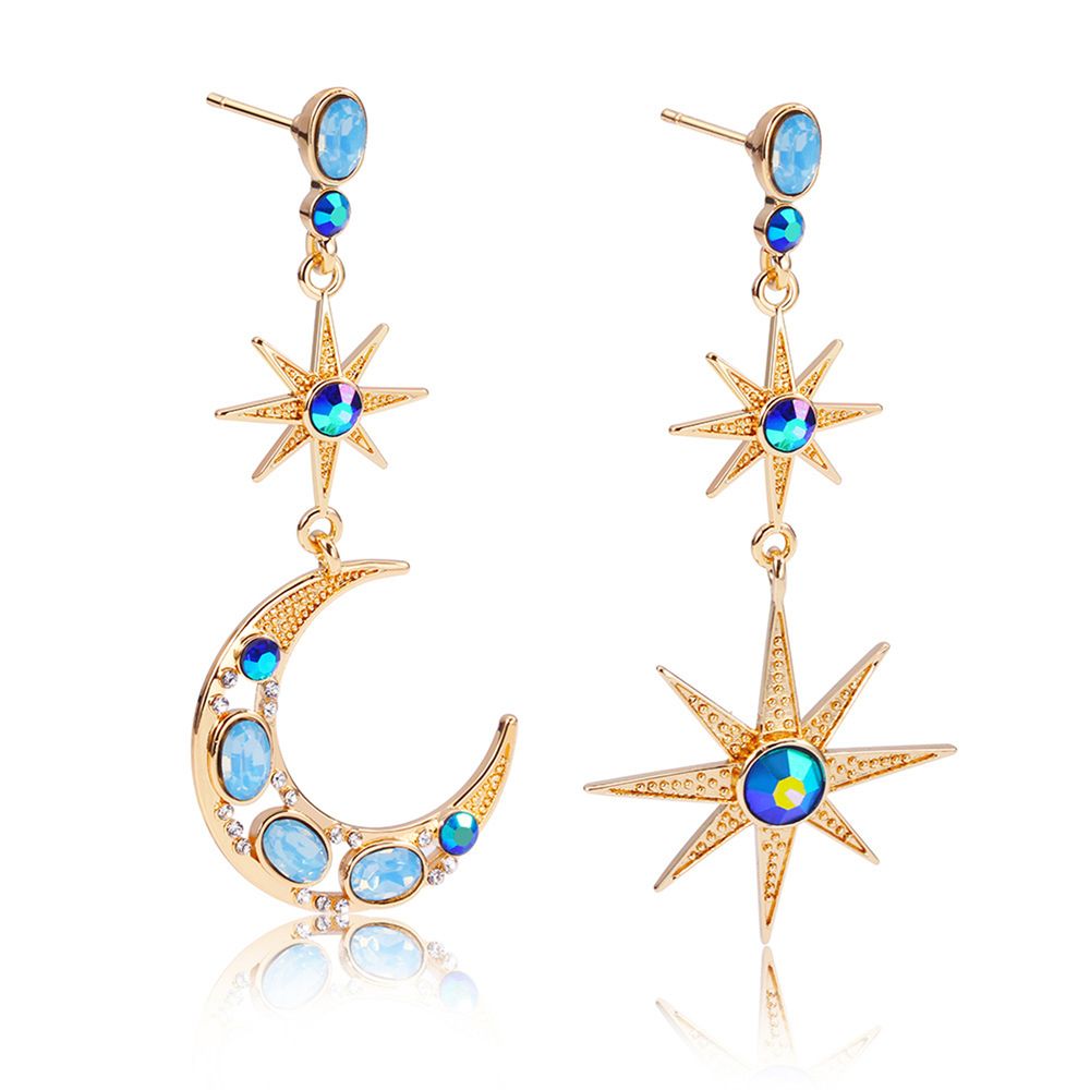 Celestial Moon & Star Drop Earrings Gold Moon Star with crystal and blue tonal colored stone Earrings for Women - Grocery