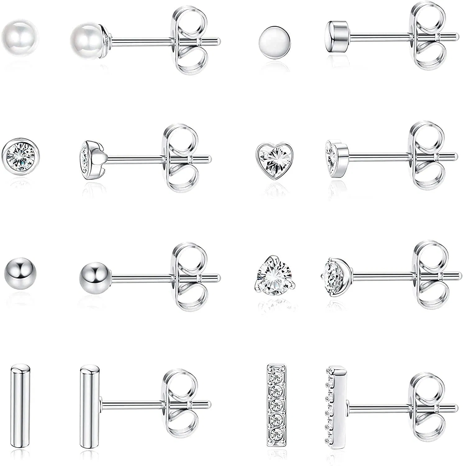 S925 Sterling Silver Post CZ Stud Earrings Set for Women Mens Cute Triangle/Circle/Bar/Pearls/Ball Tiny Stud Earring Women Jewelry Gifts - Grocery