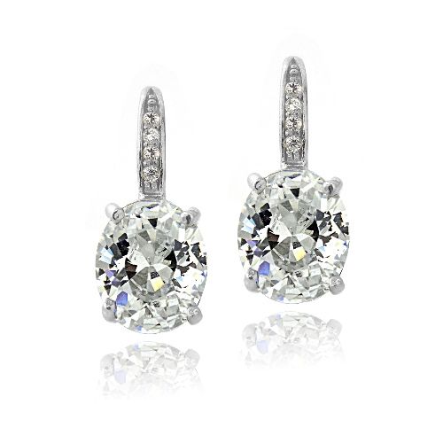 Sterling Silver CZ Oval Leverback Earrings - Grocery