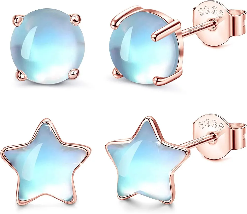 2Pairs Moonstone Stud Earrings 925 Sterling Synthetic Moonstone Star Earrings Set Cartilage Piercing Studs 18K Gold Plated for Women - Grocery