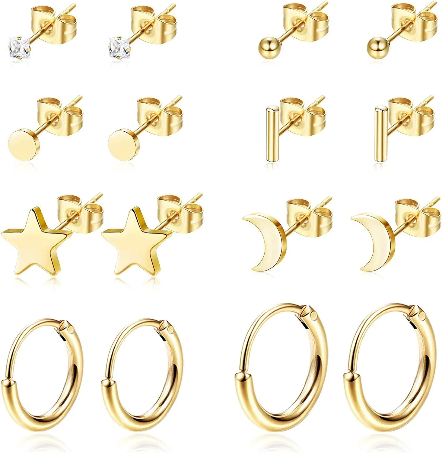 8 Pairs Stainless Steel Stud Earrings Set for Women Minimalist Tiny Small Hoops Ball Dot CZ Bar Star Moon Studs Cartilage Earrings Set - Grocery