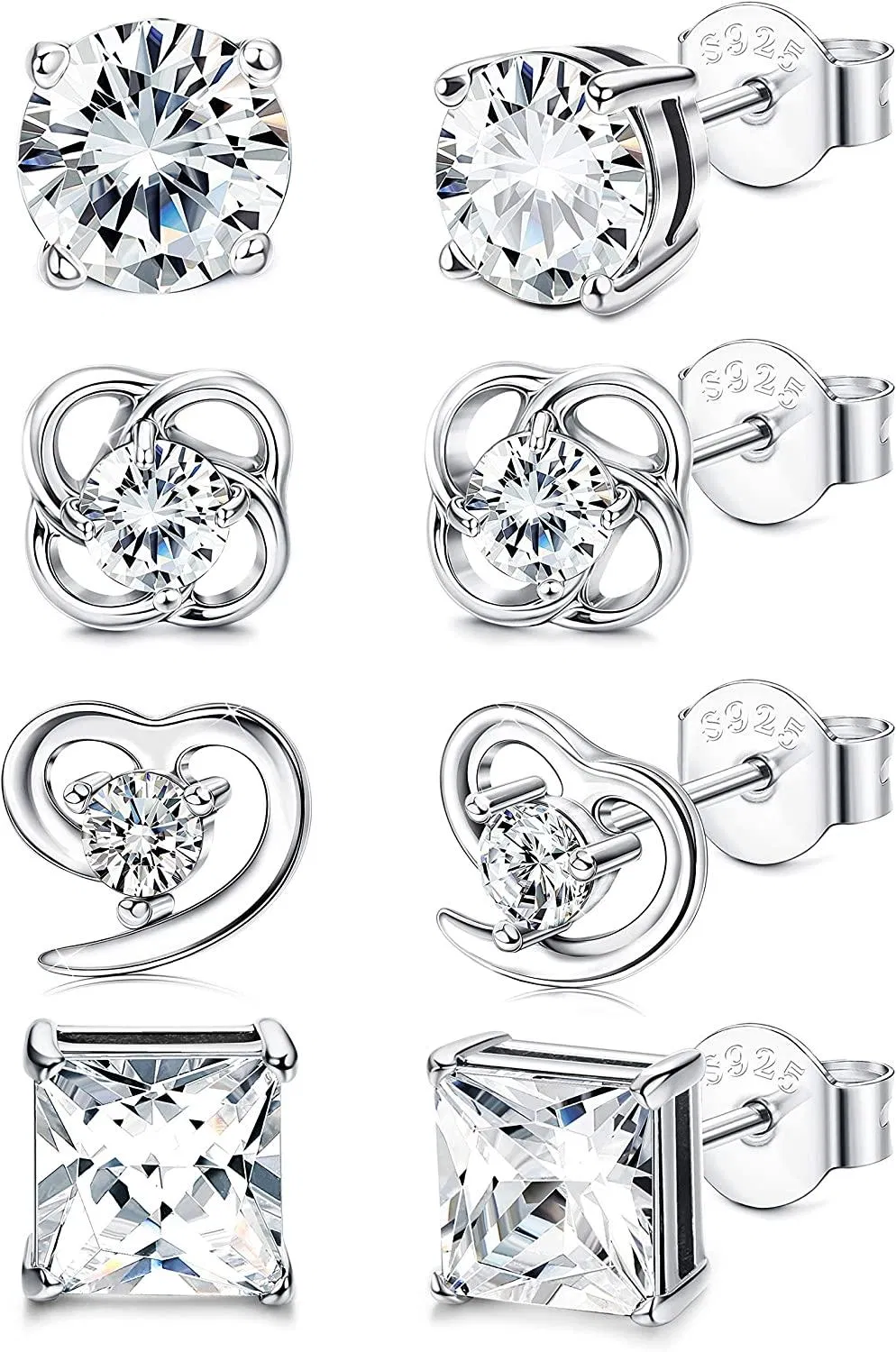 4 Pairs Cubic Zirconia Stud Earring Set for Women Round Heart Small CZ Earrings - Grocery