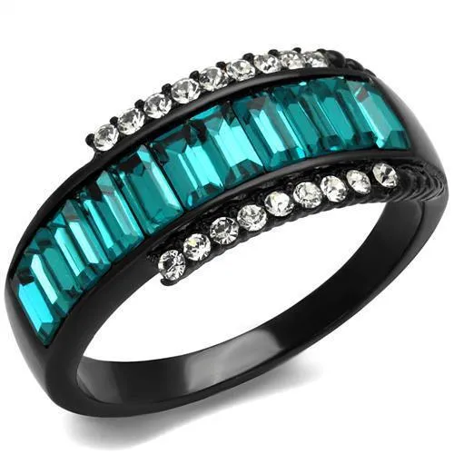 TK2190 - IP Black(Ion Plating) Stainless Steel Ring with Top Grade Crystal in Blue Zircon - Grocery