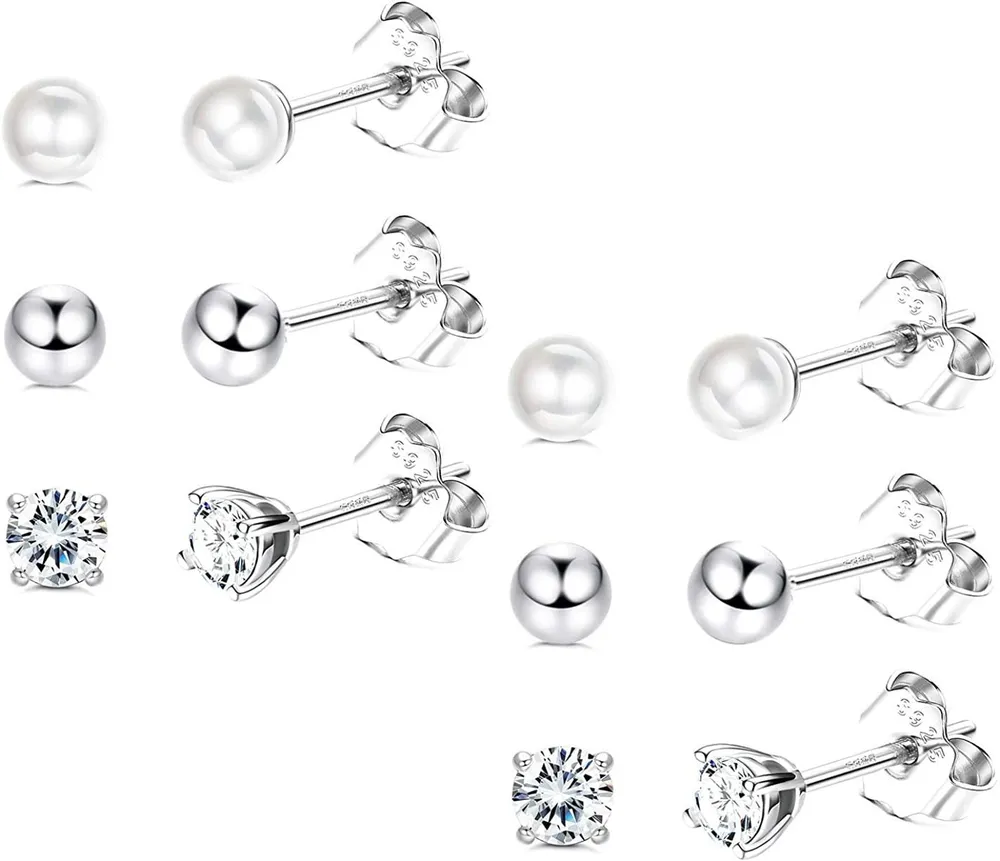 6 Pairs 925 Stud Earrings for Women Cubic Zirconia Tiny Ball Pearl Stud Earrings Set Small Sleeper Cartilage Studs - Grocery