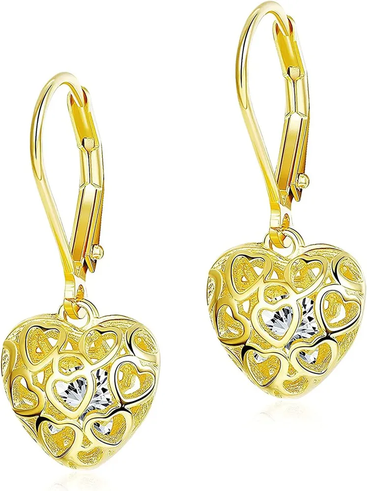 925 Sterling Silver Filigree Heart Earrings 18K Gold Plated Dangle Heart Earrings with Cubic Zirconia Leverback Heart Drop Earrings for Women - Grocery