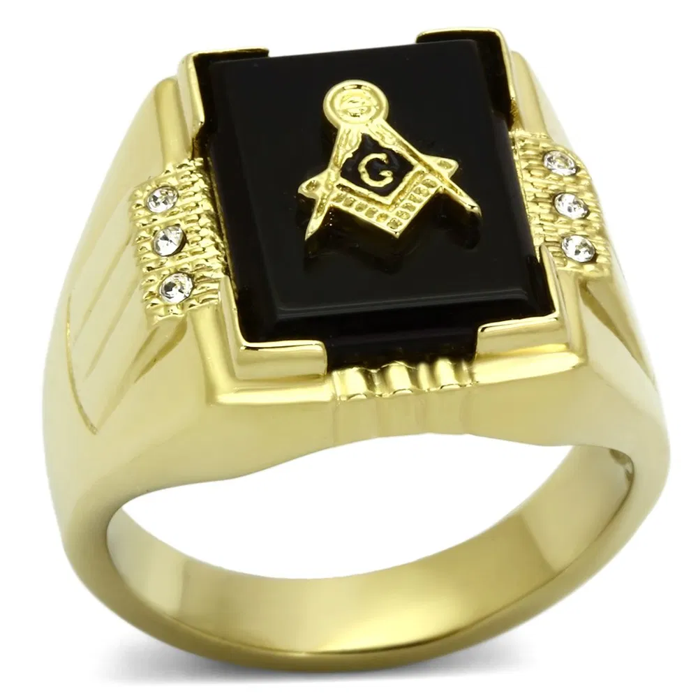 TK795 - IP Gold(Ion Plating) Stainless Steel Ring with Semi-Precious Agate in Jet - Grocery