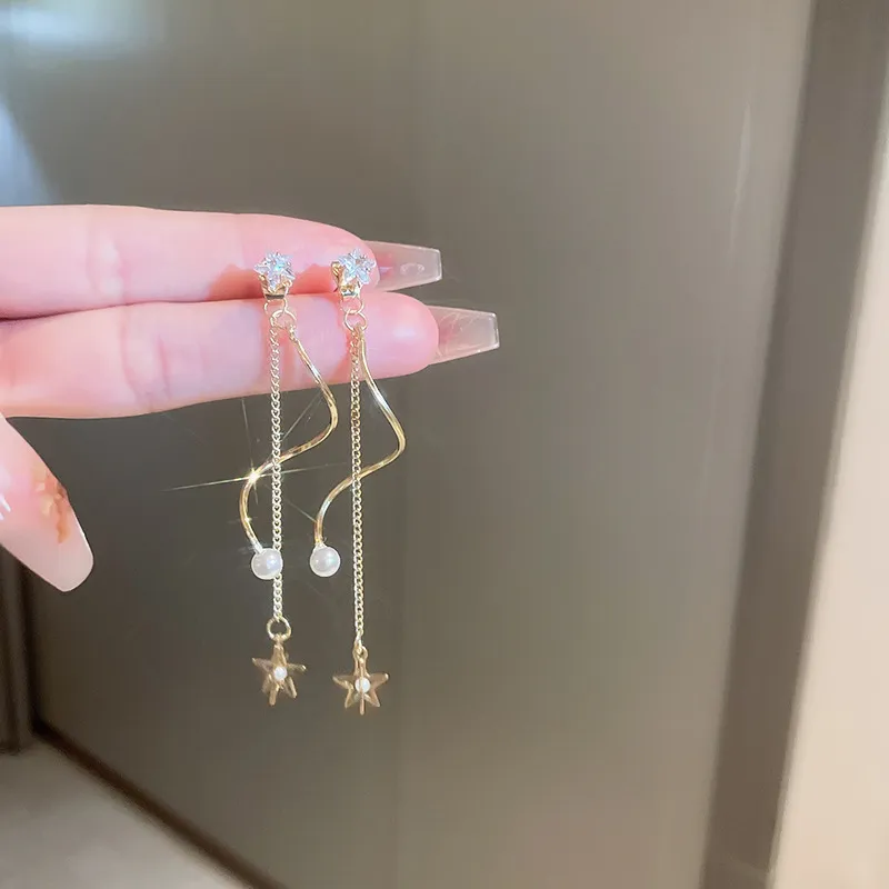 Women's Zircon Faux Pearl Star Tassel Earrings Jewelry Gift - Grocery