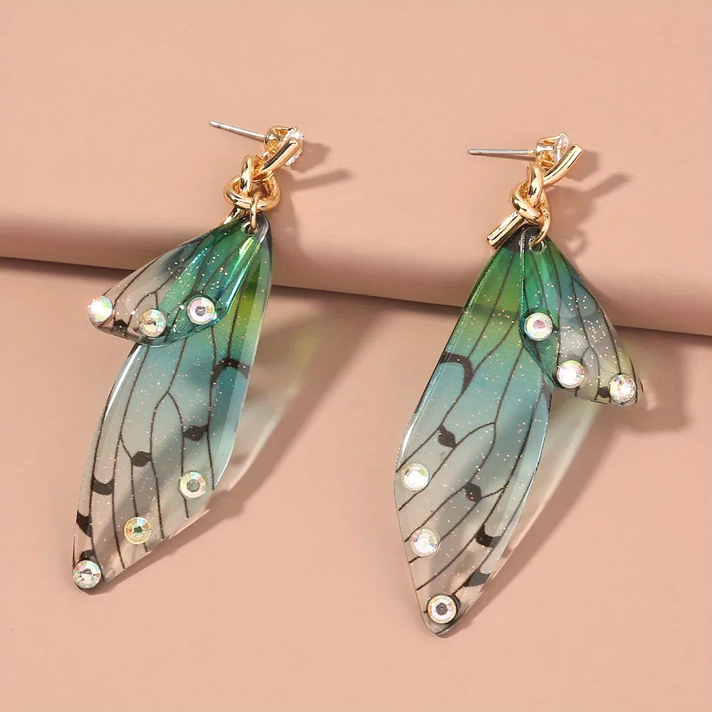Resin Butterfly Wings With Sparkling Rhinestone Decor Dangle Earrings Cute Minimalist Style Creative Female Gift - Grocery