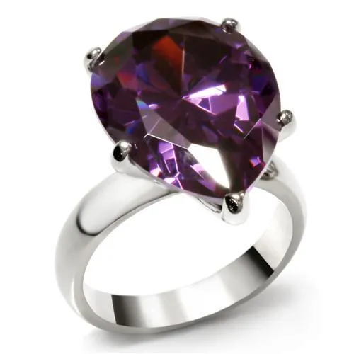 TK045 - High polished (no plating) Stainless Steel Ring with AAA Grade CZ in Amethyst - Grocery