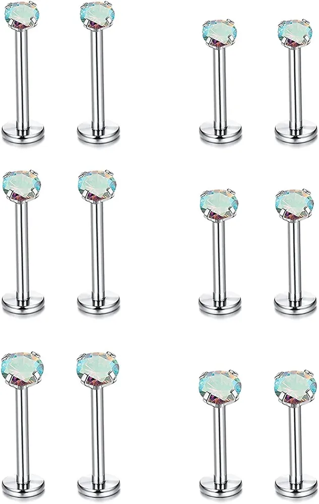 12PCS 16G Lip Rings Tragus Helix Earring Cartilage Piercing Jewelry Labret Stud Stainless 2/3/4MM Cubic Zirconia Opal Internally Threaded Earring - Grocery