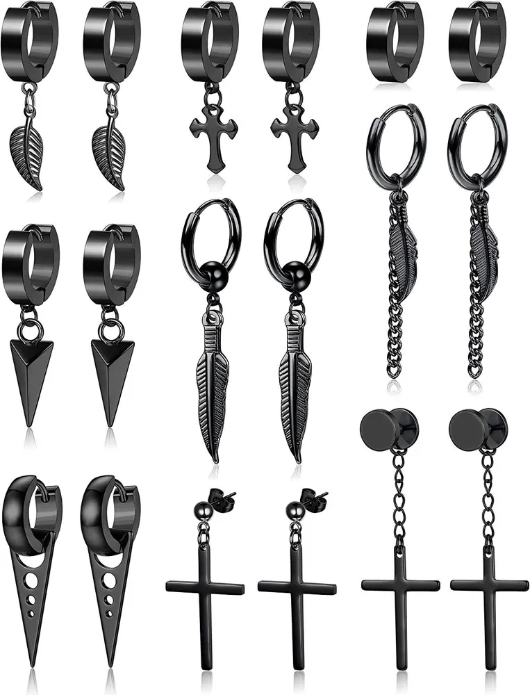 9Pairs Cross Dangle Earring for Men Women Stainless Hip Hop Feather Hinged Pendant Earrings Punk Hoop Cross Earring - Grocery