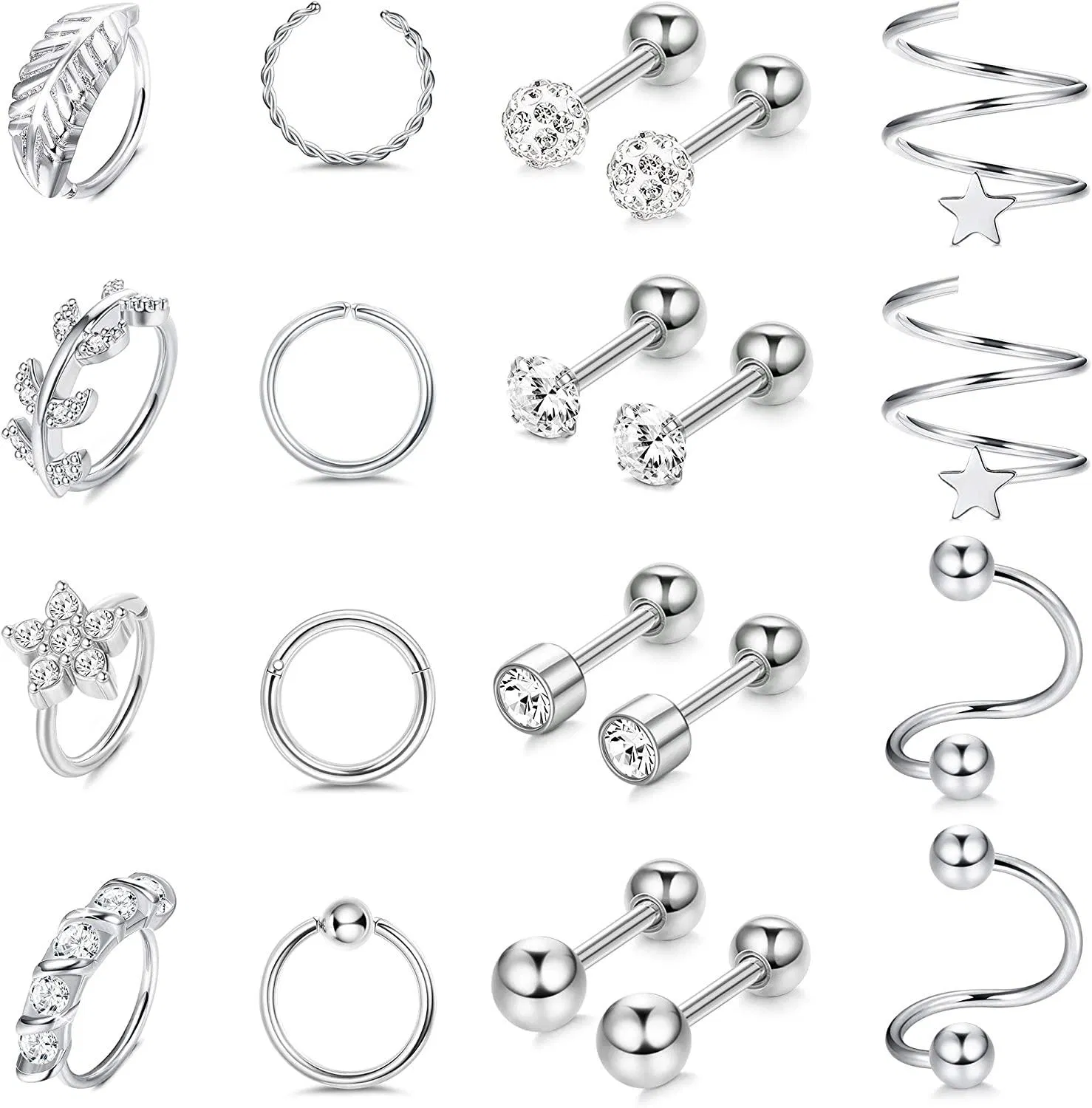 20Pcs Cartilage Earrings for Women Stainless Steel Helix Earring Hoop Rook Daith Conch Tragus Stud Earrings Body Piercing Jewelry Set - Grocery