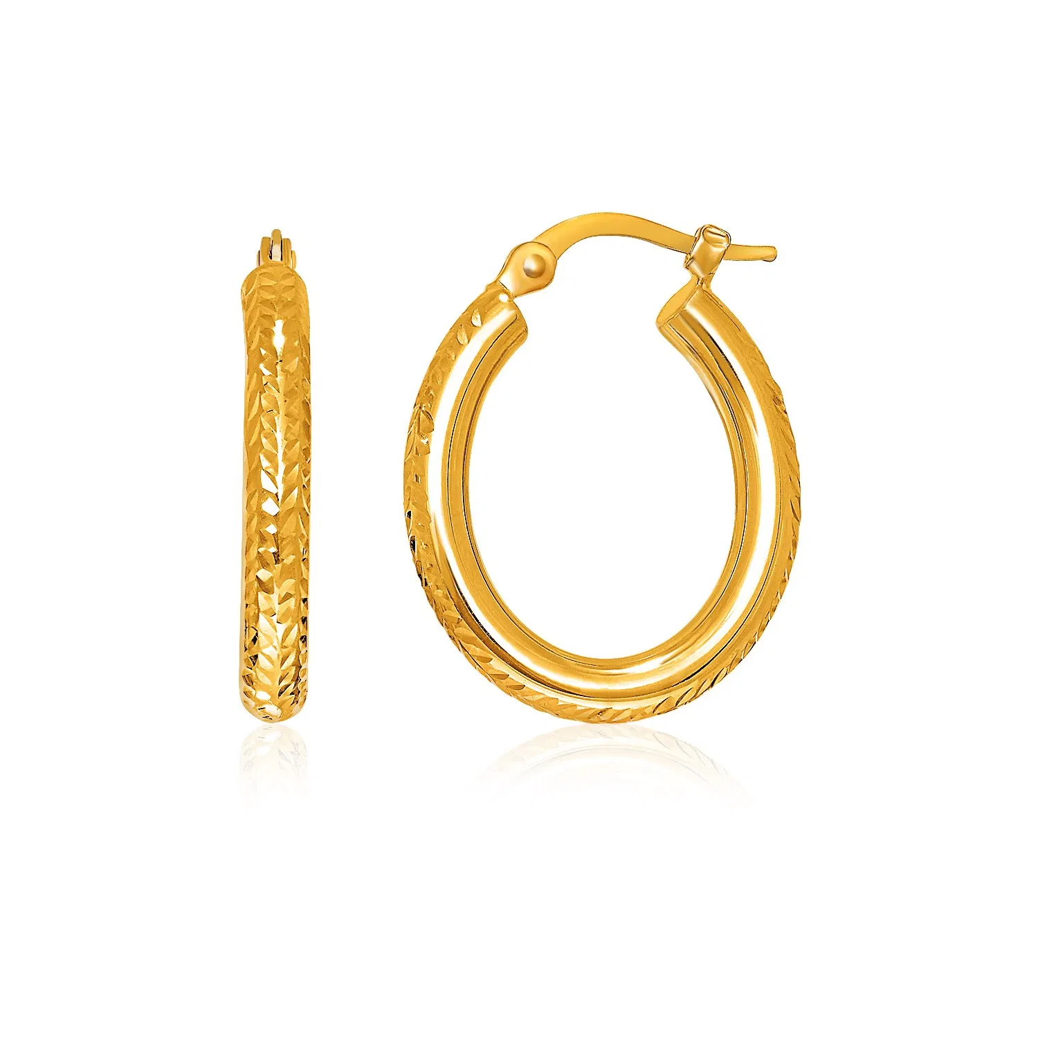 14k Yellow Gold Diamond Cut Textured Oval Hoop Earrings. - Grocery