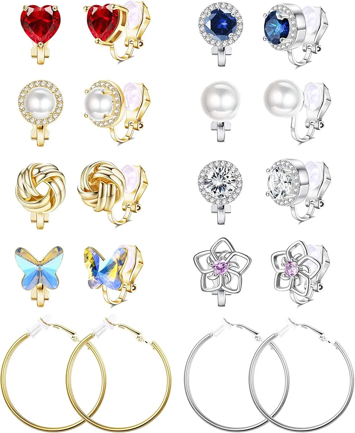 10 Pairs Clip On Earrings for Women Clip On Hoop Earrings Butterfly Flower Heart CZ Pearl Clip Stud Earrings Clip On Earrings Set Non Pierced Earrings - Grocery