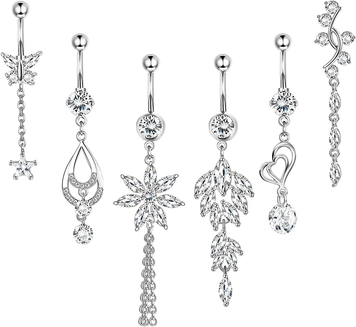 6PCS 14G Dangle Belly Button Rings for Women Stainless Navel Rings Clear CZ Barbell Body Piercing Jewelry - Grocery