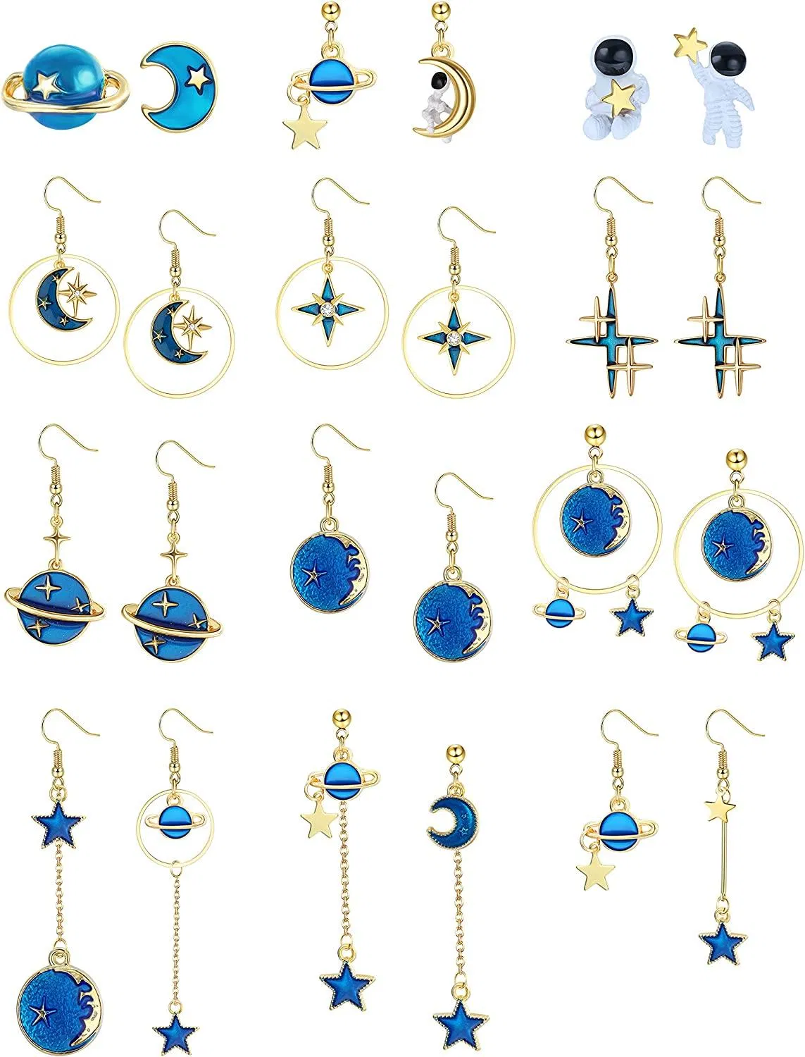 12 Pairs Moon Star Long Dangle Earrings for Women Teens Cute Astronaut Stud Earrings Sun Earth Planet Spaceman Asymmetrical Drop Earrings Set - Grocery