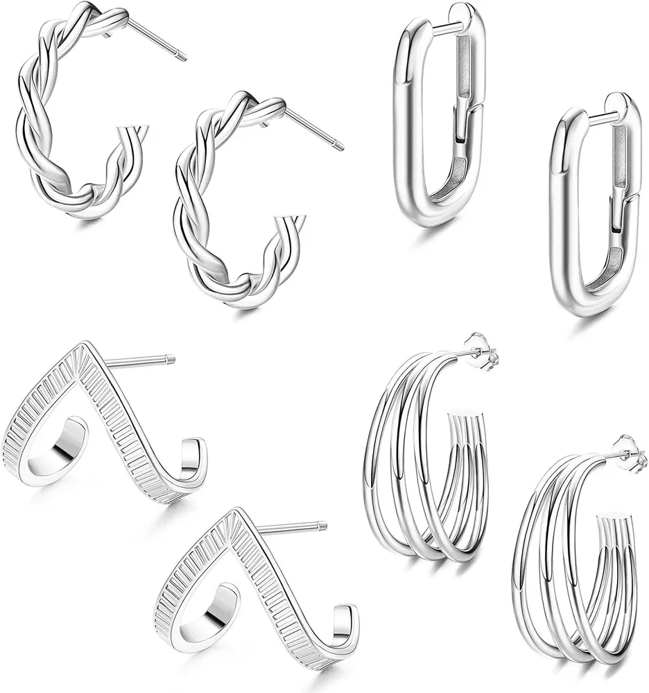 4 Pairs Chunky Hoop Earrings Twisted Small Round Hoop Huggie Earring Geometric Charm Drop Earrings for Women - Grocery