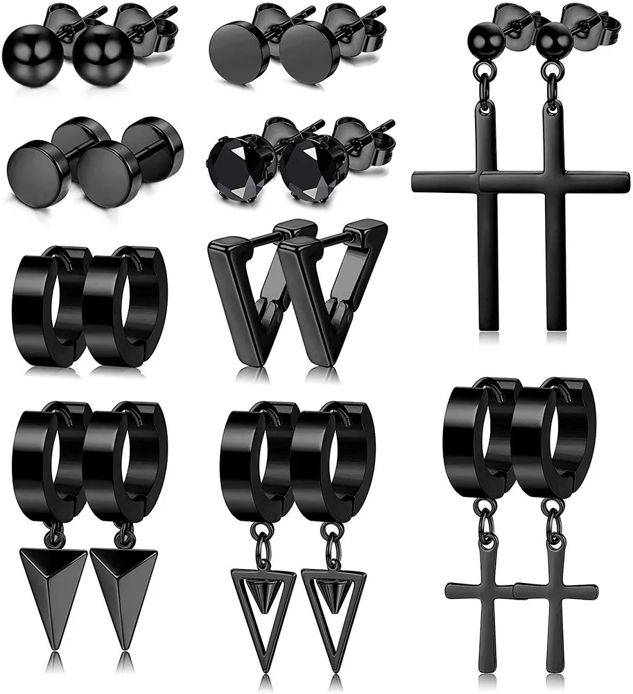 10 Pairs Stainless Steel Stud Earrings Set for Men Cross Triangle Dangle Earrings Hinged Hoop Earrings Punk - Grocery