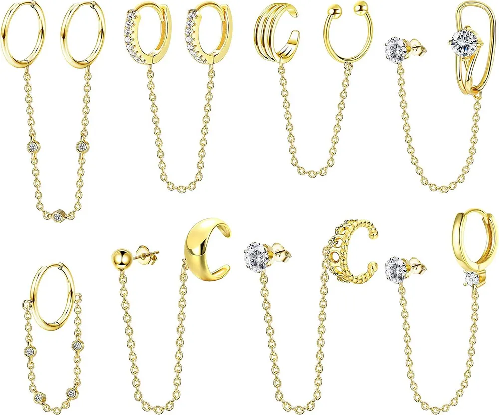 8PCS Chain Earrings for Women Huggie Wrap Earrings with Chain CZ Double Hoop Earring Minimalist Chain Cuff Earrings - Grocery