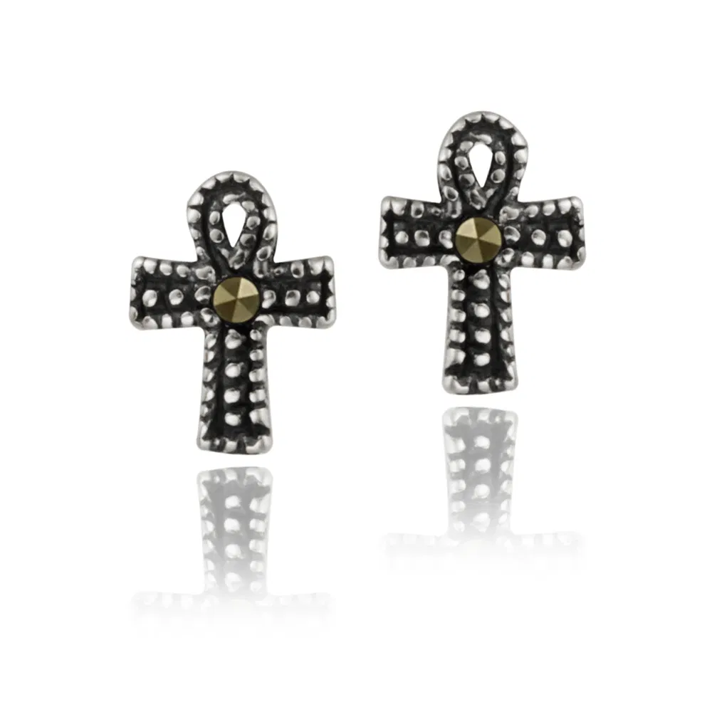 Sterling Silver Marcasite Ribbon Cross Stud Earrings - Grocery