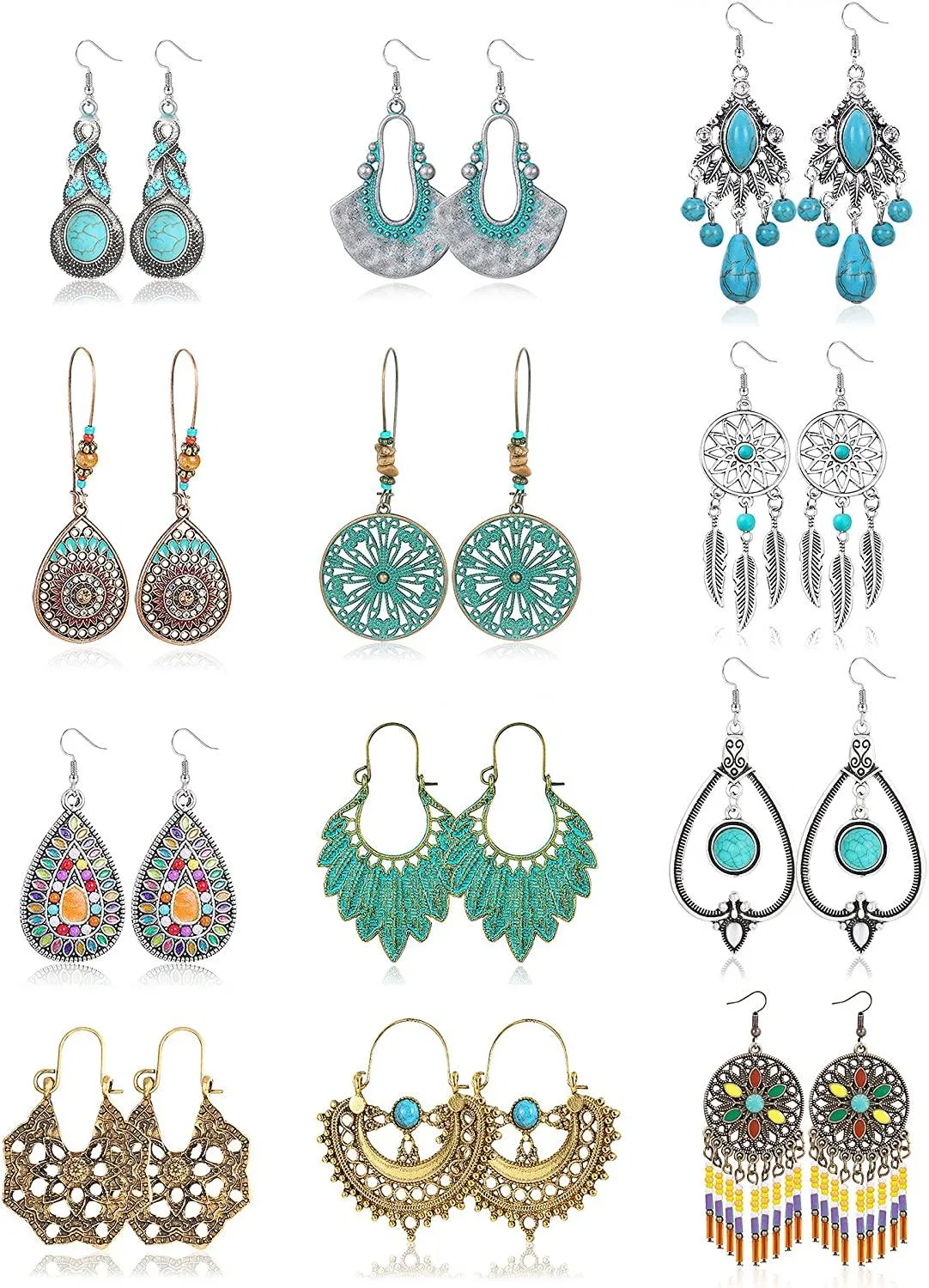 12 Pairs Bohemian Earrings Retro Rhinestone Earrings for Women Boho Dangle Drop Earrings Set - Grocery