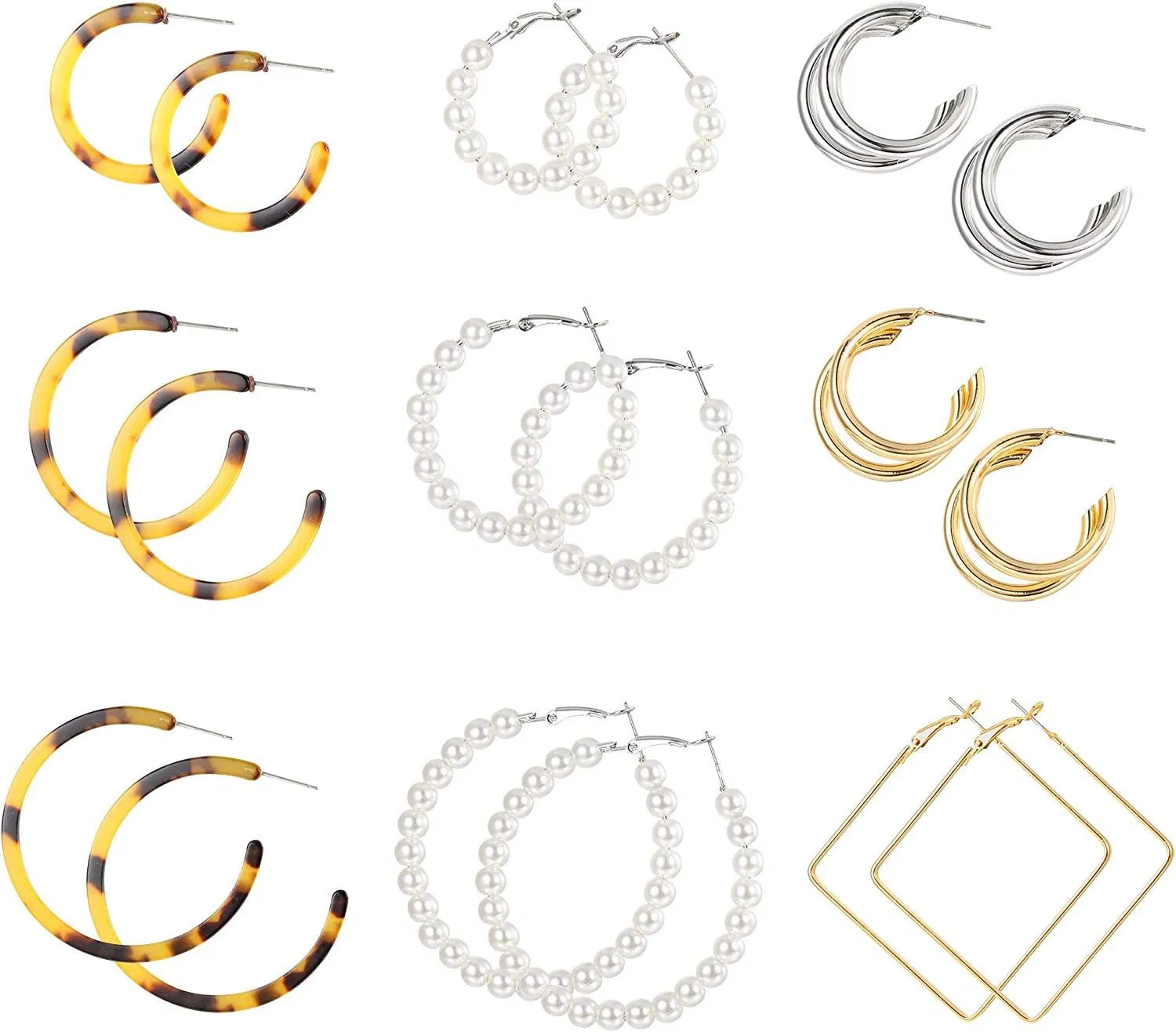 9Pairs Geometric Hoop Earrings Set for Women Big Faux Pearl Acrylic Earring Lightweight Chunky Open Hoops Dangle Earring Women Gifts - Grocery