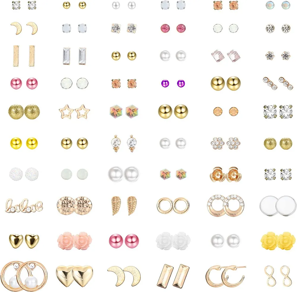 60 Pairs Assorted Stud Earrings Set Star Moon Ball Crystal Stud Earrings Geometric Circle Leaf Faux Pearl Earrings Set for Women - Grocery