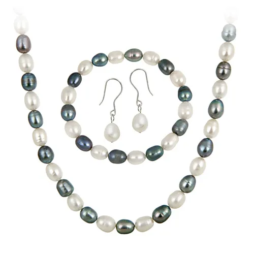 Sterling Silver Freshwater Cultured Multi Color Pearl Necklace, Bracelet Earring Jewelry Set - Grocery