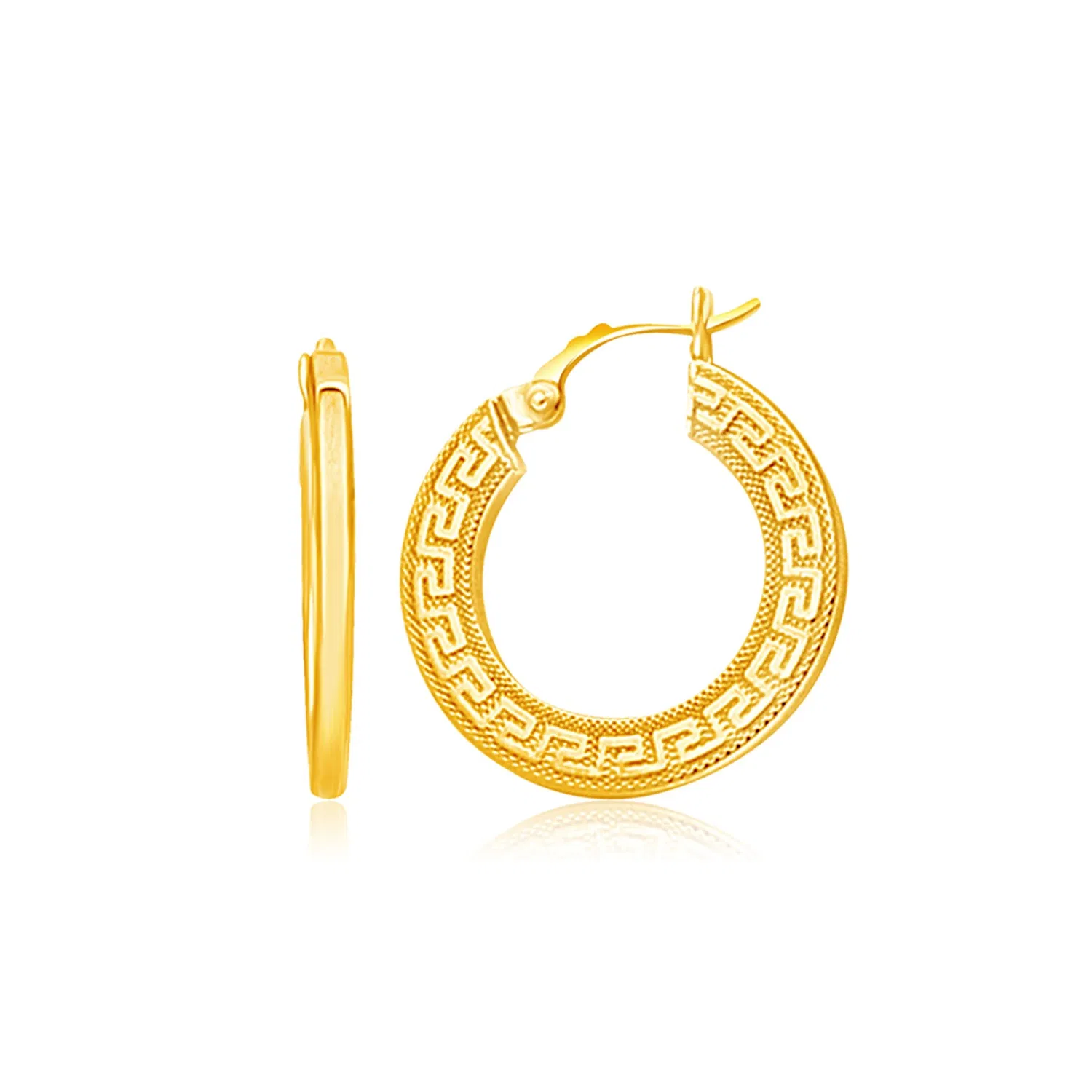 14k Yellow Gold Greek Key Medium Hoop Earrings with Flat Sides - Grocery