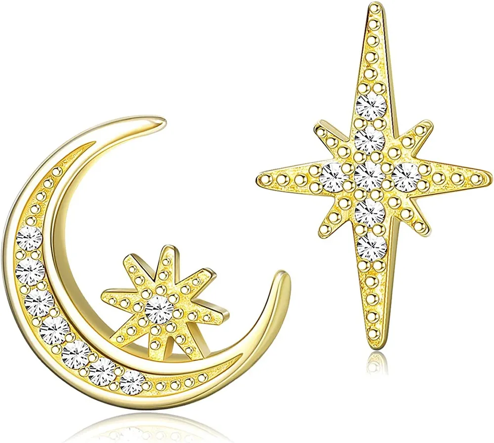 Moon Star Stud Earrings 925 Sterling Silver Hypoallergenic Earrings for Women White Gold Plated Fashion Birthday Gift - Grocery