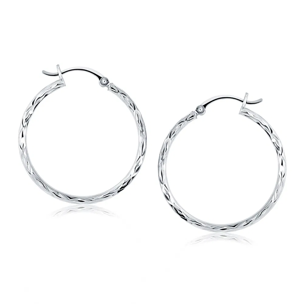 14k White Gold Diamond Cut Hoop Earrings(2x30mm) - Grocery