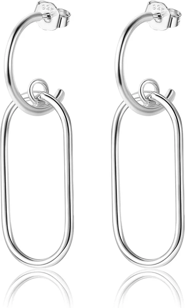 925 Sterling Silver Oval Geometric Dangle Earrings for Women Lightweight White Gold Plated Drop Hoop Earring Hypoallergenic (Silver) - Grocery