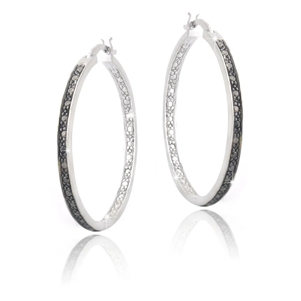 Black Diamond Accent 30mm Round Hoop Earrings - Grocery