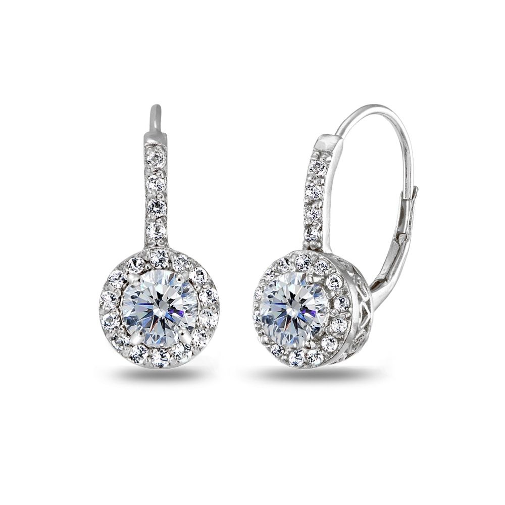 Clear Halo Leverback Earrings made with Swarovski Crystals in Sterling Silver - Grocery
