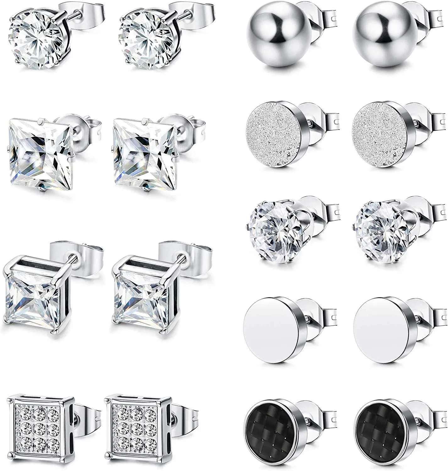 9 Pairs Stainless Mens Stud Earrings Cubic Zirconia Round Square Carbon Fiber Earrings Ball Ear Piercing Silver black Earrings for Men Women - Grocery