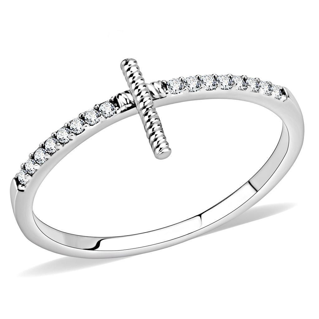 DA161 - High polished (no plating) Stainless Steel Ring with AAA Grade CZ in Clear - Grocery