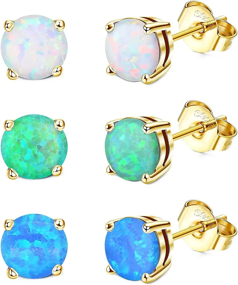 3 Pair 925 Sterling Stud Earrings Set for Womens Teens Opal Earrings for Sensitive Ears Round Gemstone Ear Stud Gift - Grocery