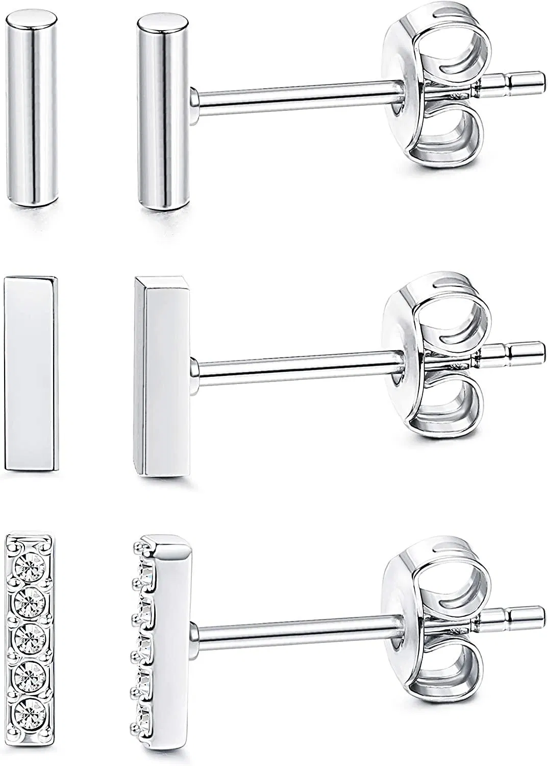 3 Pairs Sterling Silver Mini Bar Stud Earring for Women Men Flat CZ Line Stick Earrings Set Hypoallergenic - Grocery