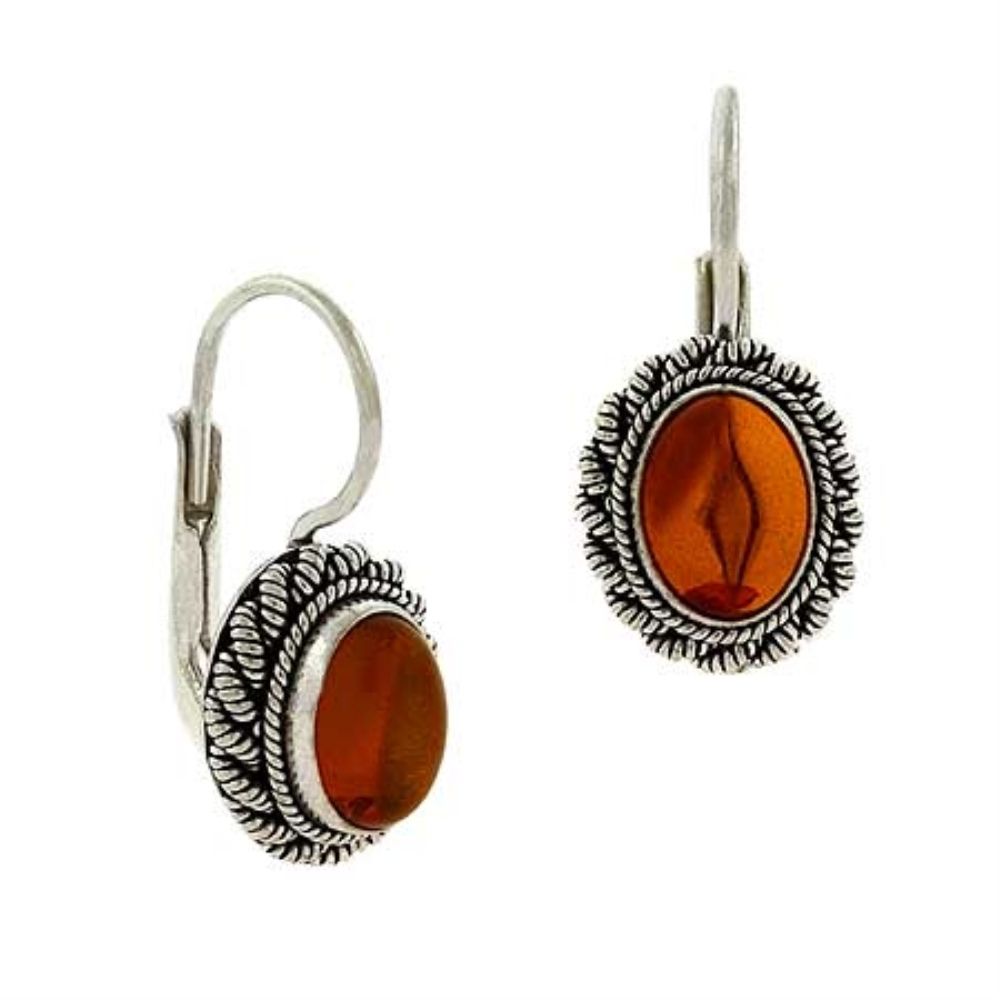 Sterling Silver Amber Stone & Bali Bead Oval LeverBack Earrings - Grocery