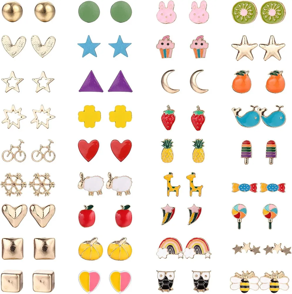 36 Pairs Colorful Cute Stud Earrings for Women Hypoallergenic Ball Heart Square Triangle Rainbow Bee Mixed Color Earrings Set - Grocery