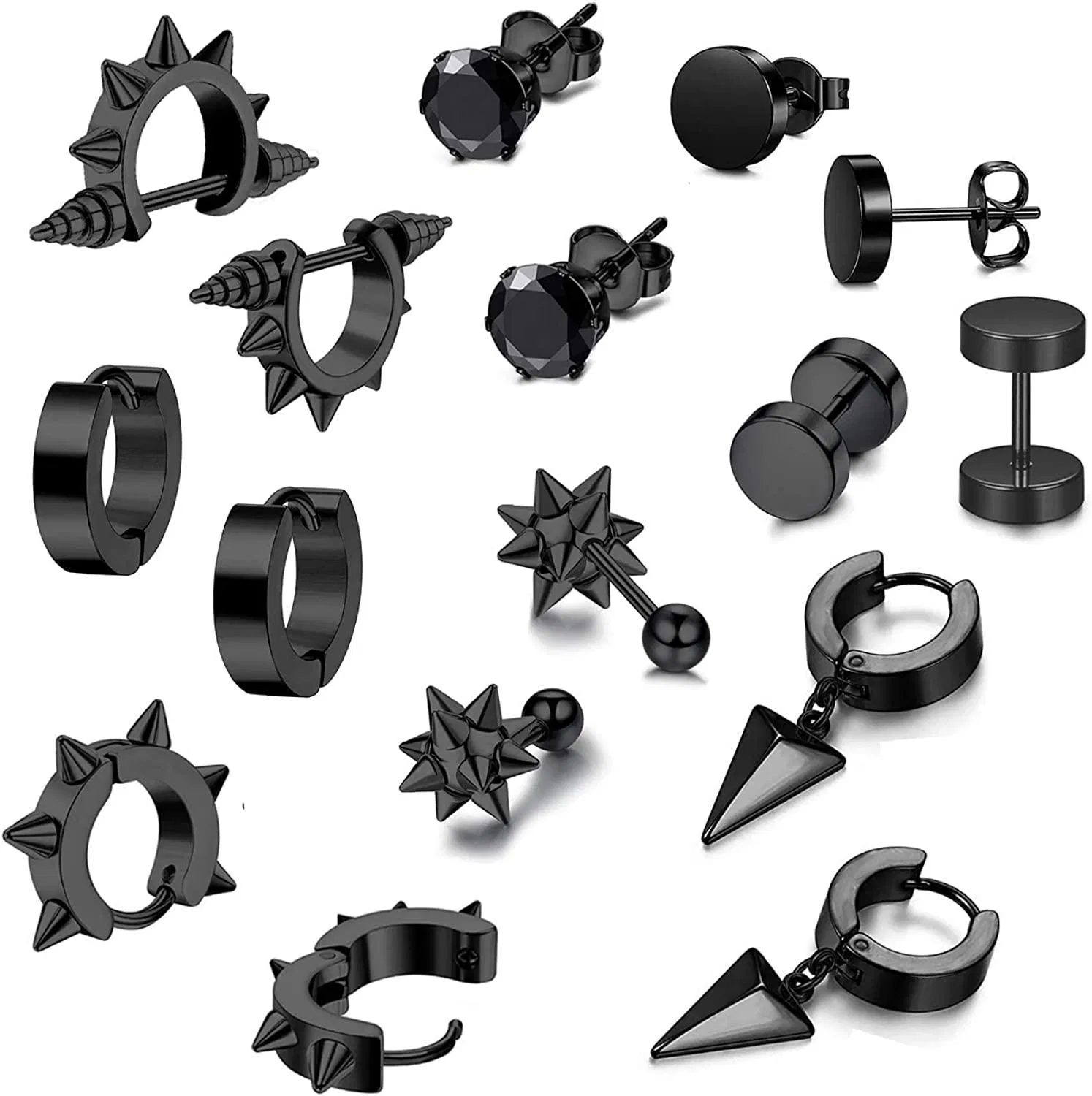 8 Pairs Stainless Steel Stud Punk Earrings for Women Men CZ Huggie Earring Triangle Dangle Small Hoop Earrings Set - Grocery