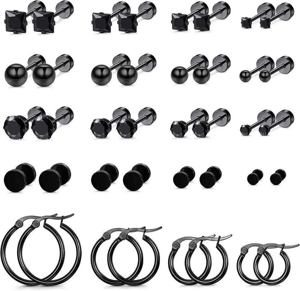 20 Pairs Flat Back Stud Hoop Earrings for Men Women Stainless Hoop Huggie Earrings Barbell CZ Ball Cartilage Earrings Piercing Set - Grocery