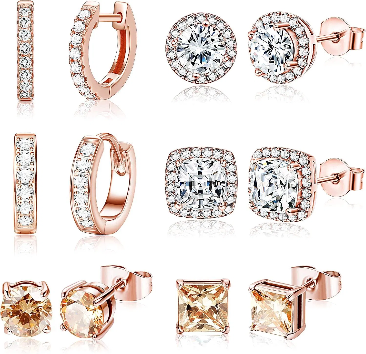 6 Pairs Stud Earrings for Women Round Square Clear CZ Halo Earrings Huggie Tiny Small Hoop Ear Piercing Set - Grocery