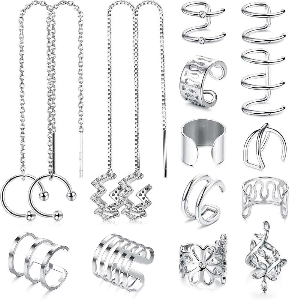 16 Pcs Stainless Steel Non Piercing Earrings Set Wave Cuff Chain Earrings Helix Cartilage Clip On Wrap Earrings - Grocery