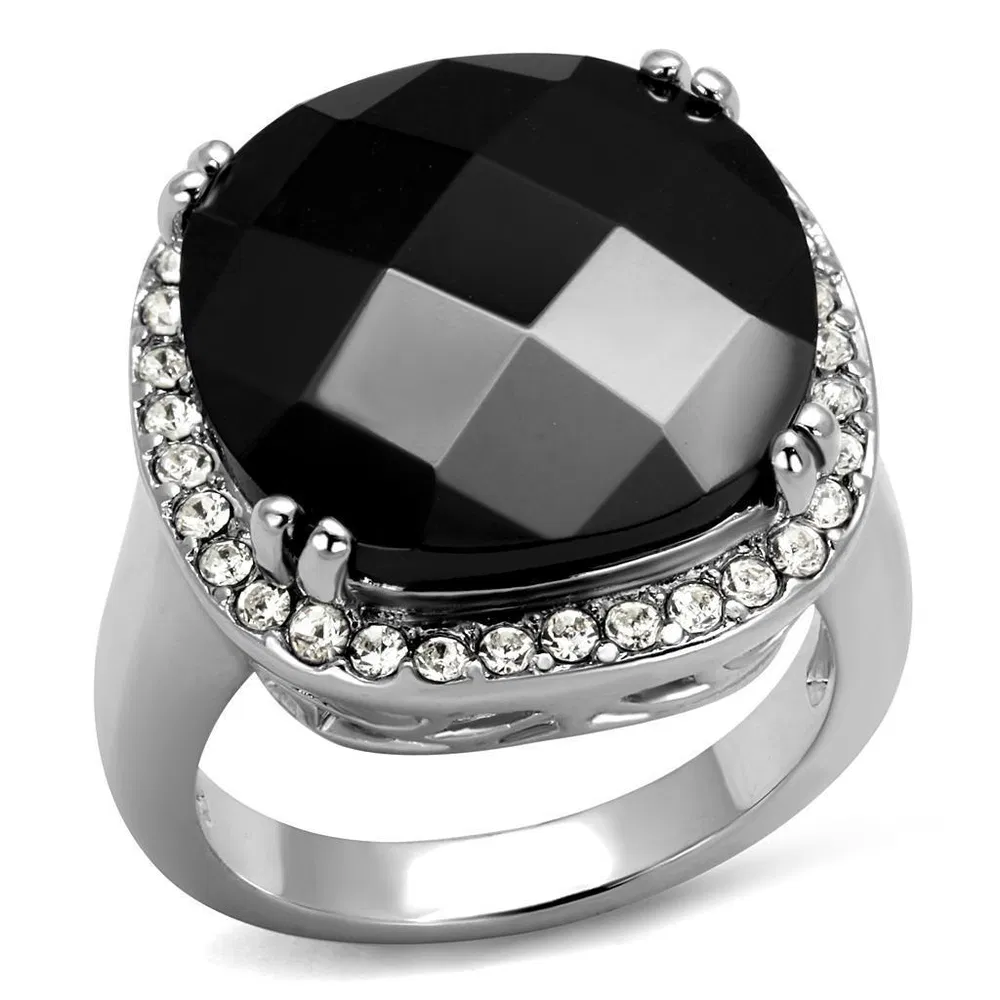 LO4085 - Rhodium Brass Ring with AAA Grade CZ in Black Diamond - Grocery