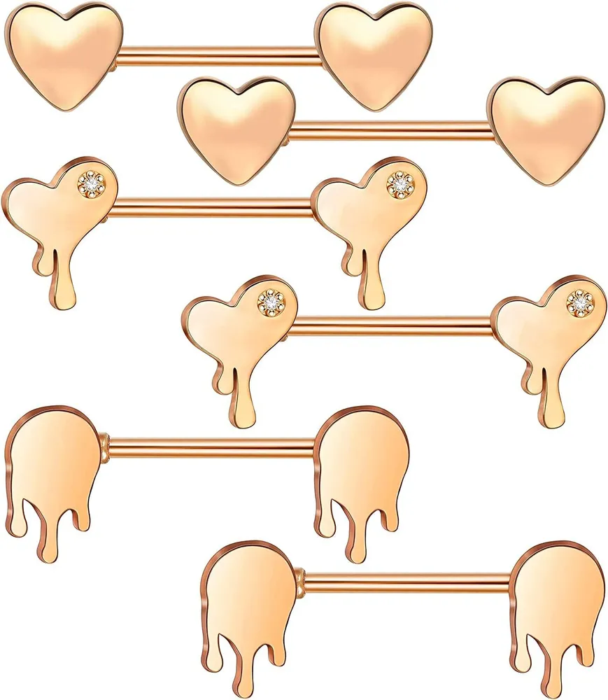 3 Pairs Nipple Rings Stainless Nipple Heart Shape Piercing Barbell with Carved Cum Here Nipple Piercing for Women Men 14G - Grocery