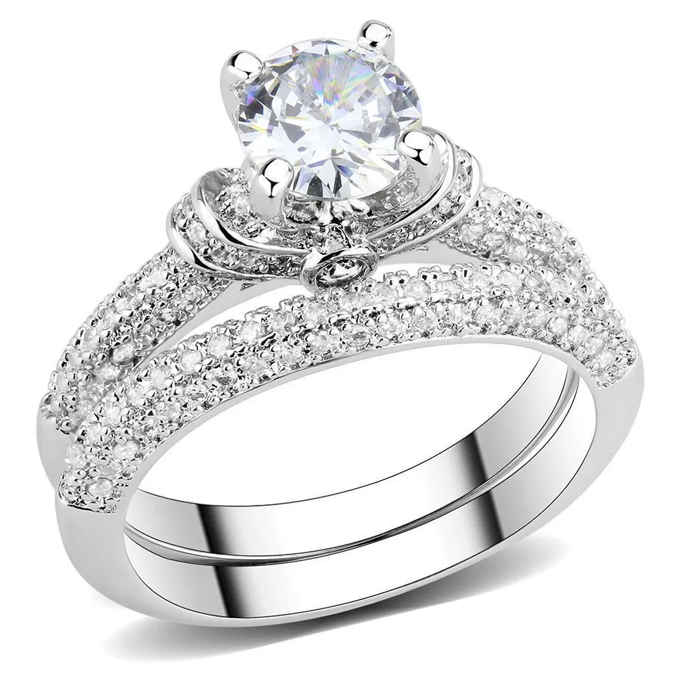 3W1555 - Rhodium Brass Ring with AAA Grade CZ in Clear - Grocery